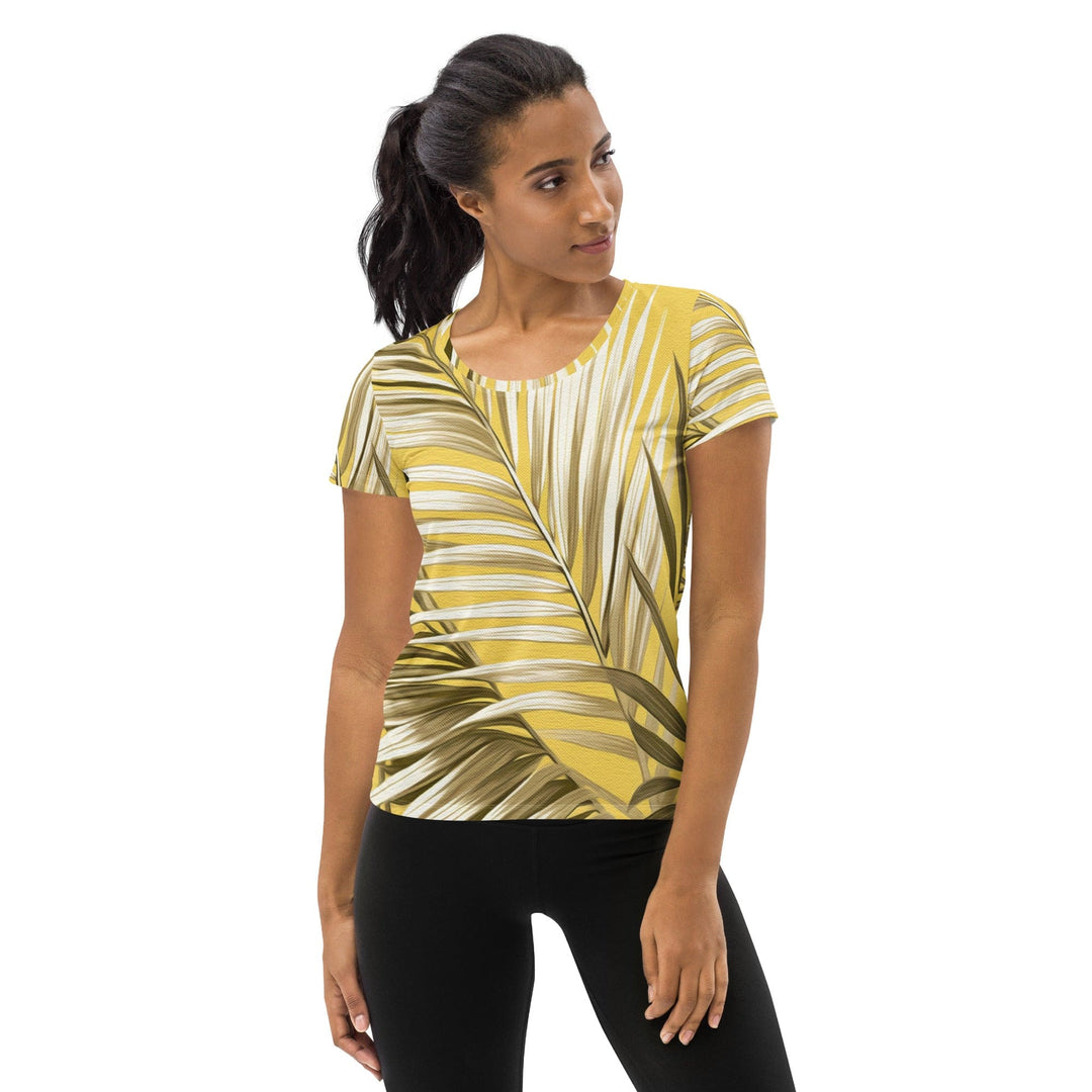 Womens Stretch Fit Athletic Sports T-shirt - White Brown Palm Leaves