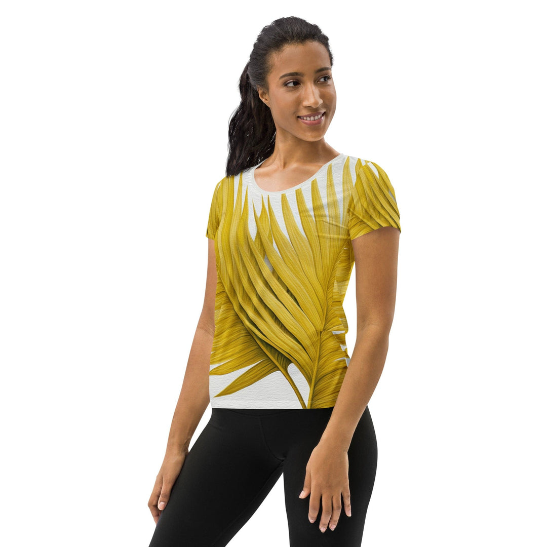 Womens Stretch Fit Athletic Sports T-shirt - Yellow Palm Leaves