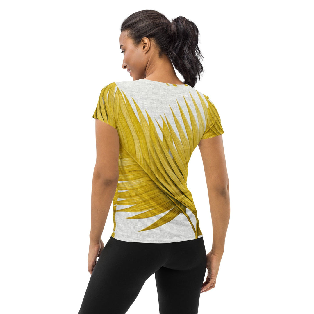 Womens Stretch Fit Athletic Sports T-shirt - Yellow Palm Leaves