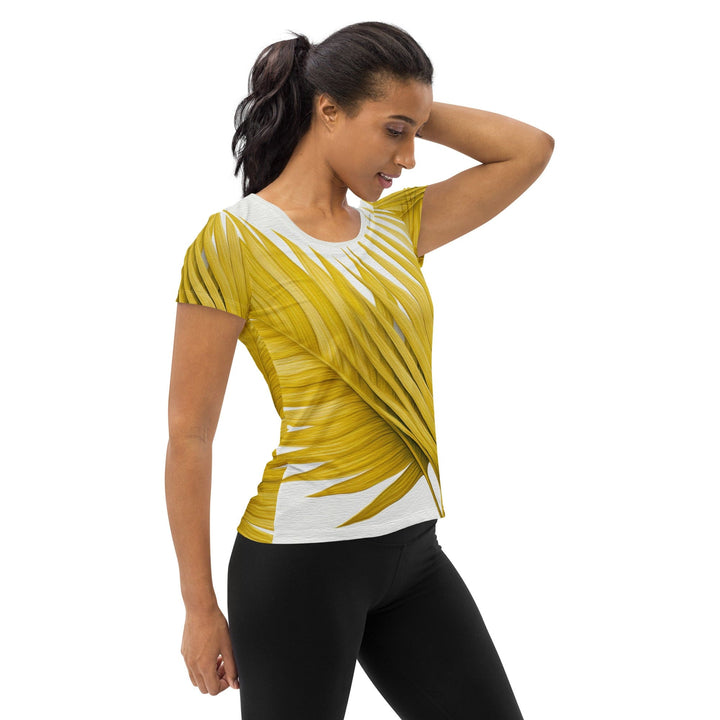 Womens Stretch Fit Athletic Sports T-shirt - Yellow Palm Leaves