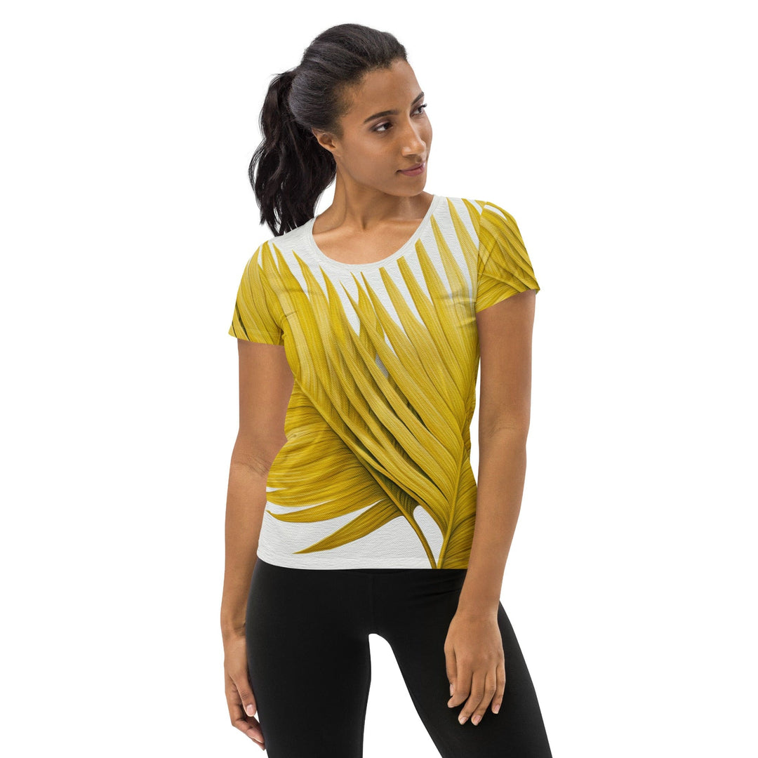 Womens Stretch Fit Athletic Sports T-shirt - Yellow Palm Leaves