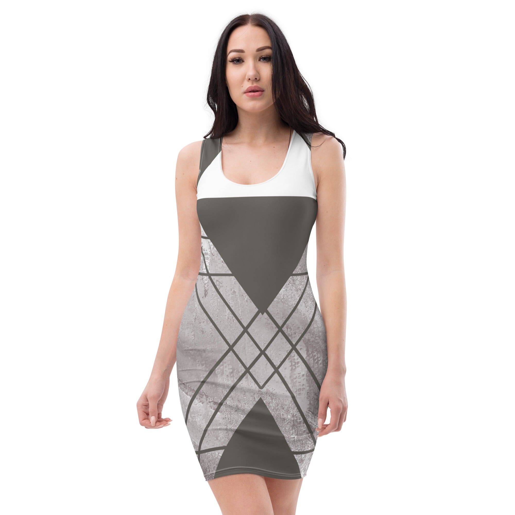 Womens Stretch Fit Bodycon Dress - Ash Grey and White Triangular ...