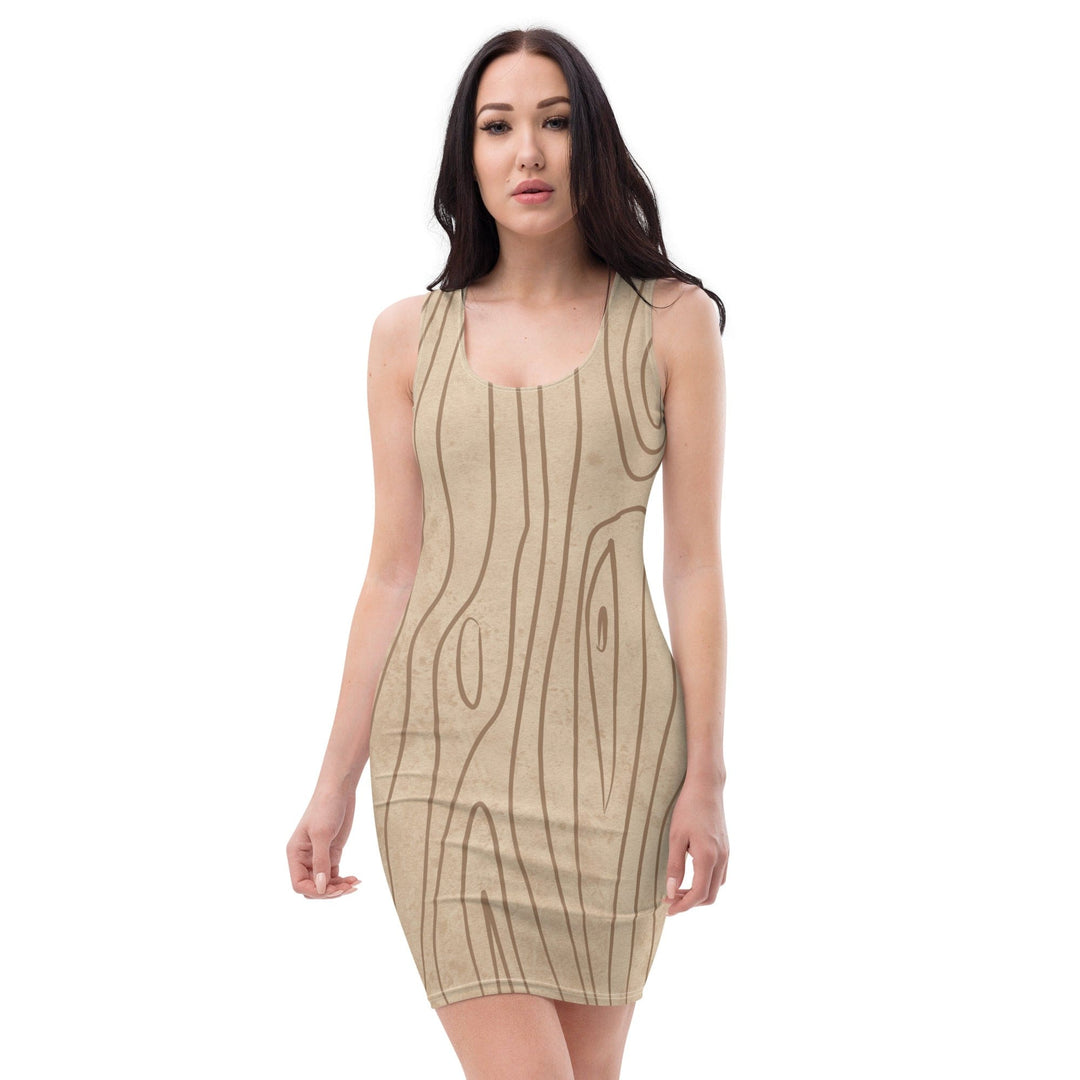 Womens Stretch Fit Bodycon Dress Beige Brown Tree Sketch Lines - Womens