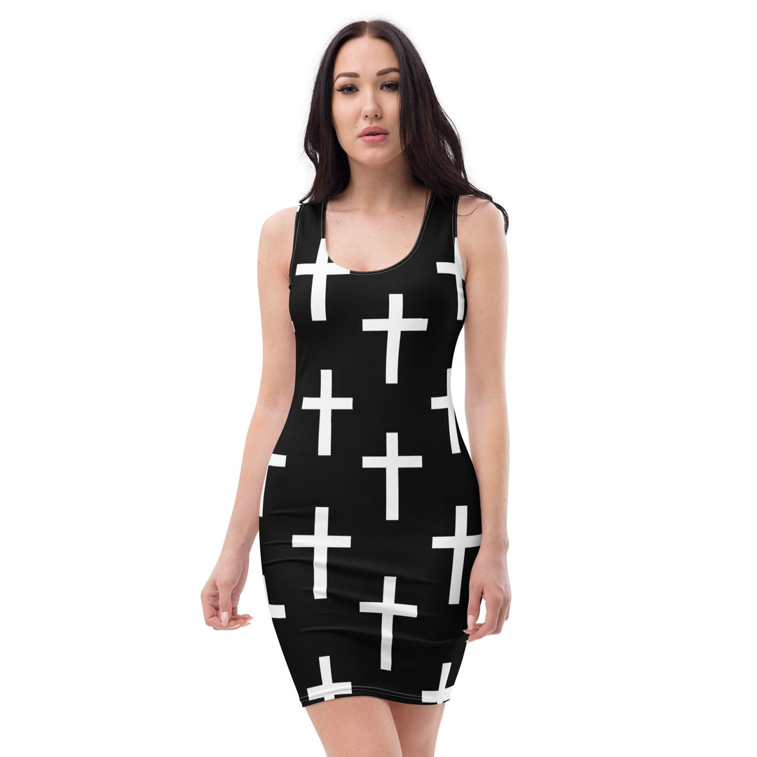 Womens Stretch Fit Bodycon Dress - Black White Cross Print XL Womens Stretch Fit Bodycon Dress - Black White Cross Print XL