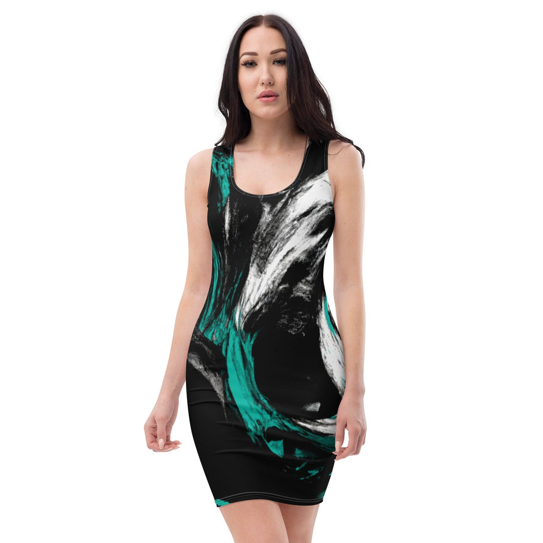 Womens Stretch Fit Bodycon Dress Black Green White Abstract Pattern - Womens