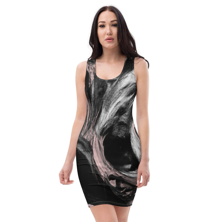 Womens Stretch Fit Bodycon Dress Black Pink White Abstract Pattern - Womens