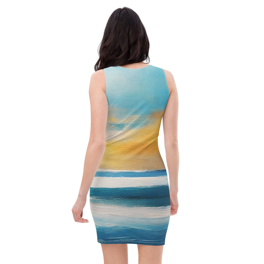 Womens Stretch Fit Bodycon Dress Blue Ocean Golden Sunset Print 2 - Womens