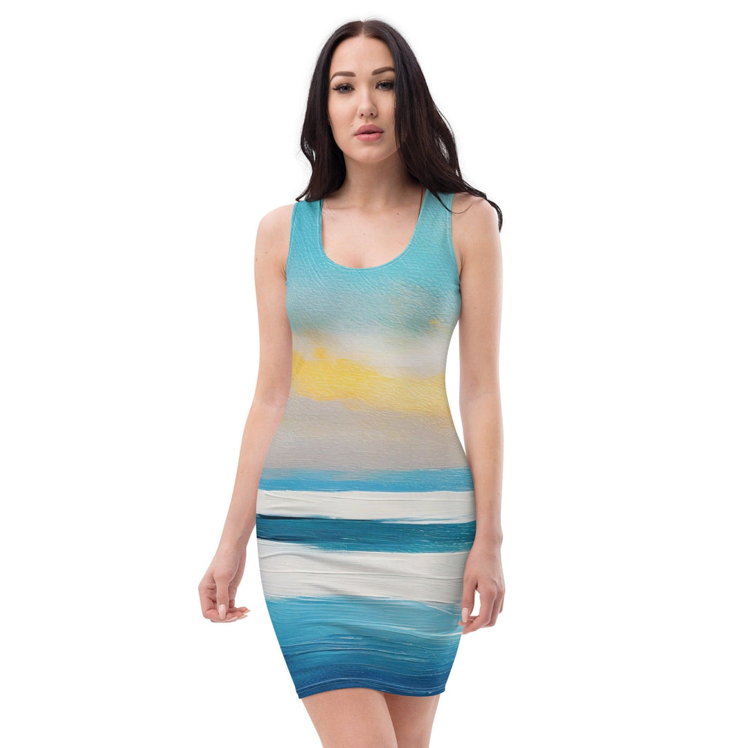 Womens Stretch Fit Bodycon Dress Blue Ocean Golden Sunset Print 2 - Womens