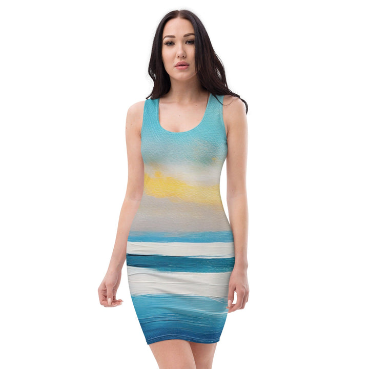 Womens Stretch Fit Bodycon Dress Blue Ocean Golden Sunset Print 2 - Womens