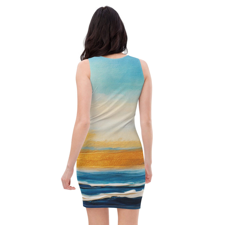 Womens Stretch Fit Bodycon Dress Blue Ocean Golden Sunset Print 4