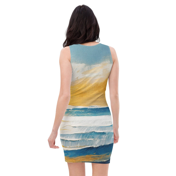 Womens Stretch Fit Bodycon Dress Blue Ocean Golden Sunset Print