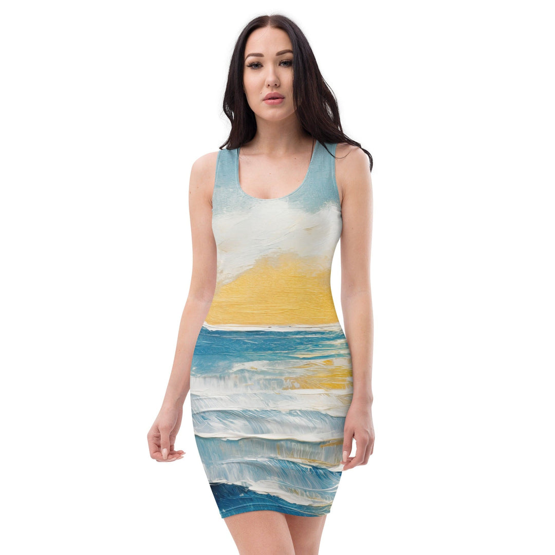 Womens Stretch Fit Bodycon Dress Blue Ocean Golden Sunset Print