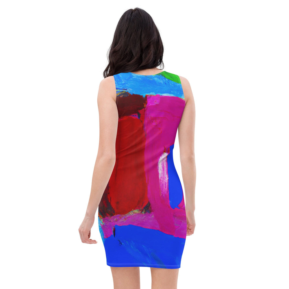 Womens Stretch Fit Bodycon Dress Blue Red Abstract Pattern
