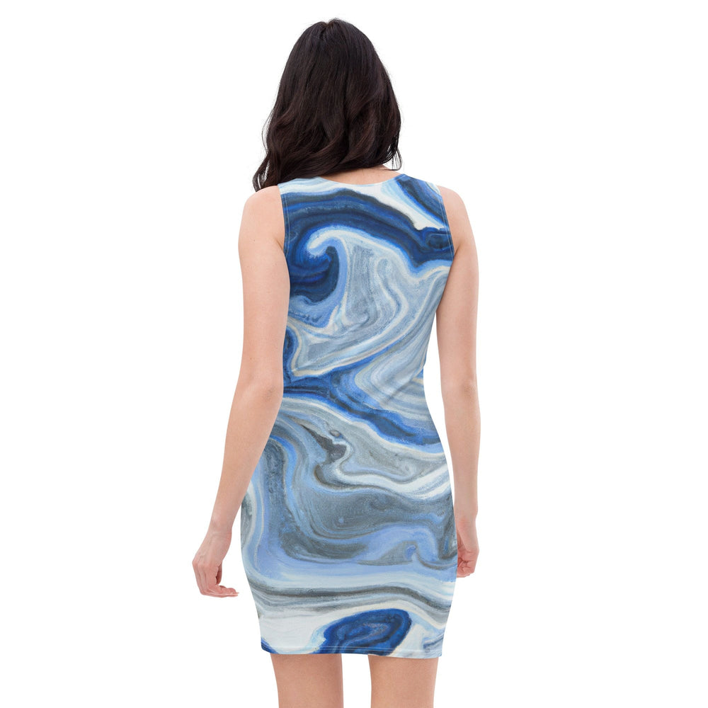 Womens Stretch Fit Bodycon Dress Blue White Grey Marble Pattern