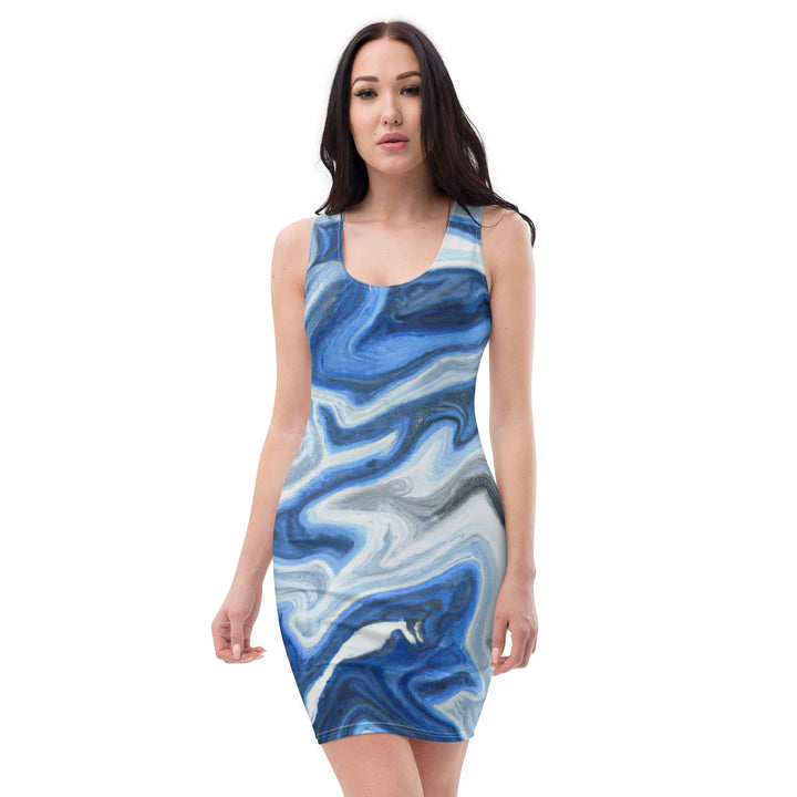 Womens Stretch Fit Bodycon Dress Blue Grey Marble Print - Womens | Dresses