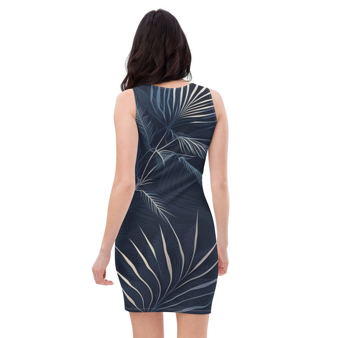 Womens Stretch Fit Bodycon Dress Blue White Palm Leaves - Womens | Dresses