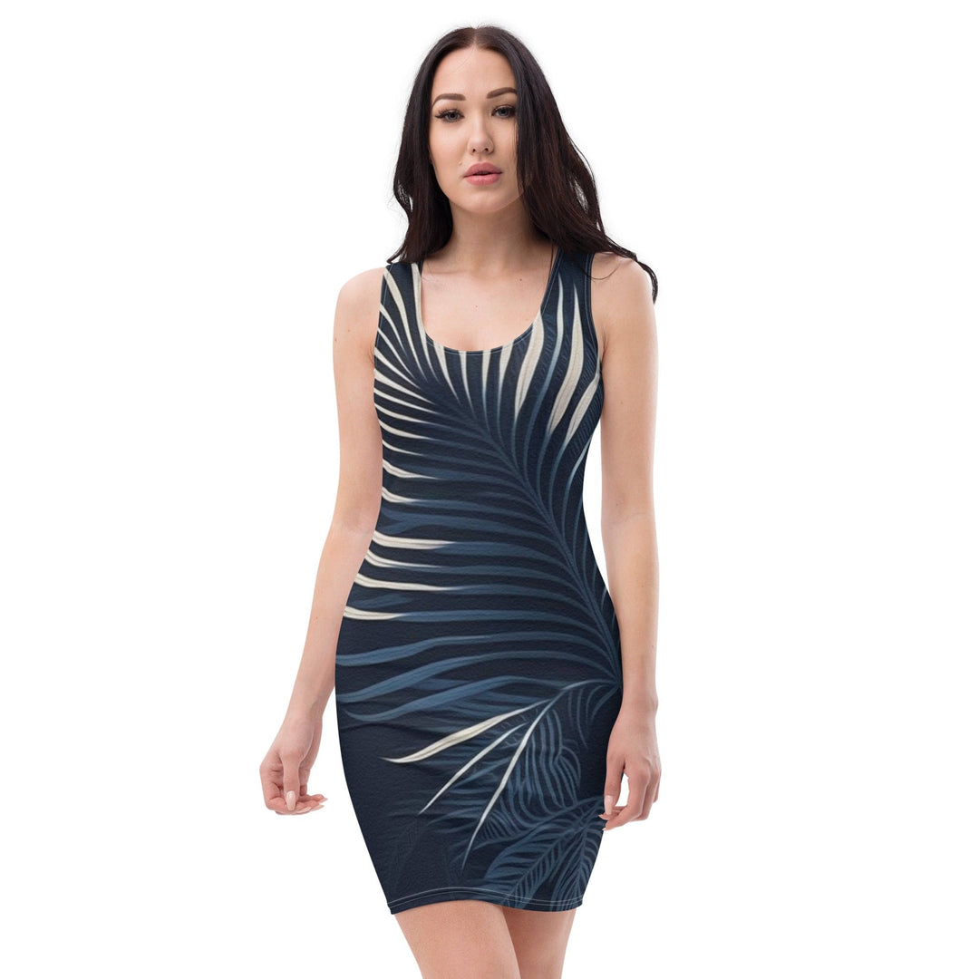 Womens Stretch Fit Bodycon Dress Blue White Palm Leaves - Womens | Dresses