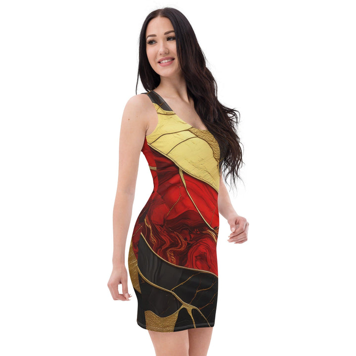 Womens Stretch Fit Bodycon Dress Bold Colorful Print With Gold