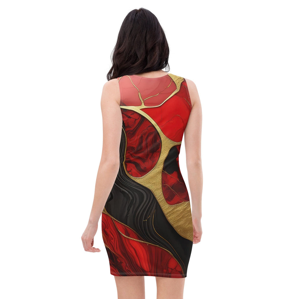 Womens Stretch Fit Bodycon Dress Brick Red Pattern Black And Gold