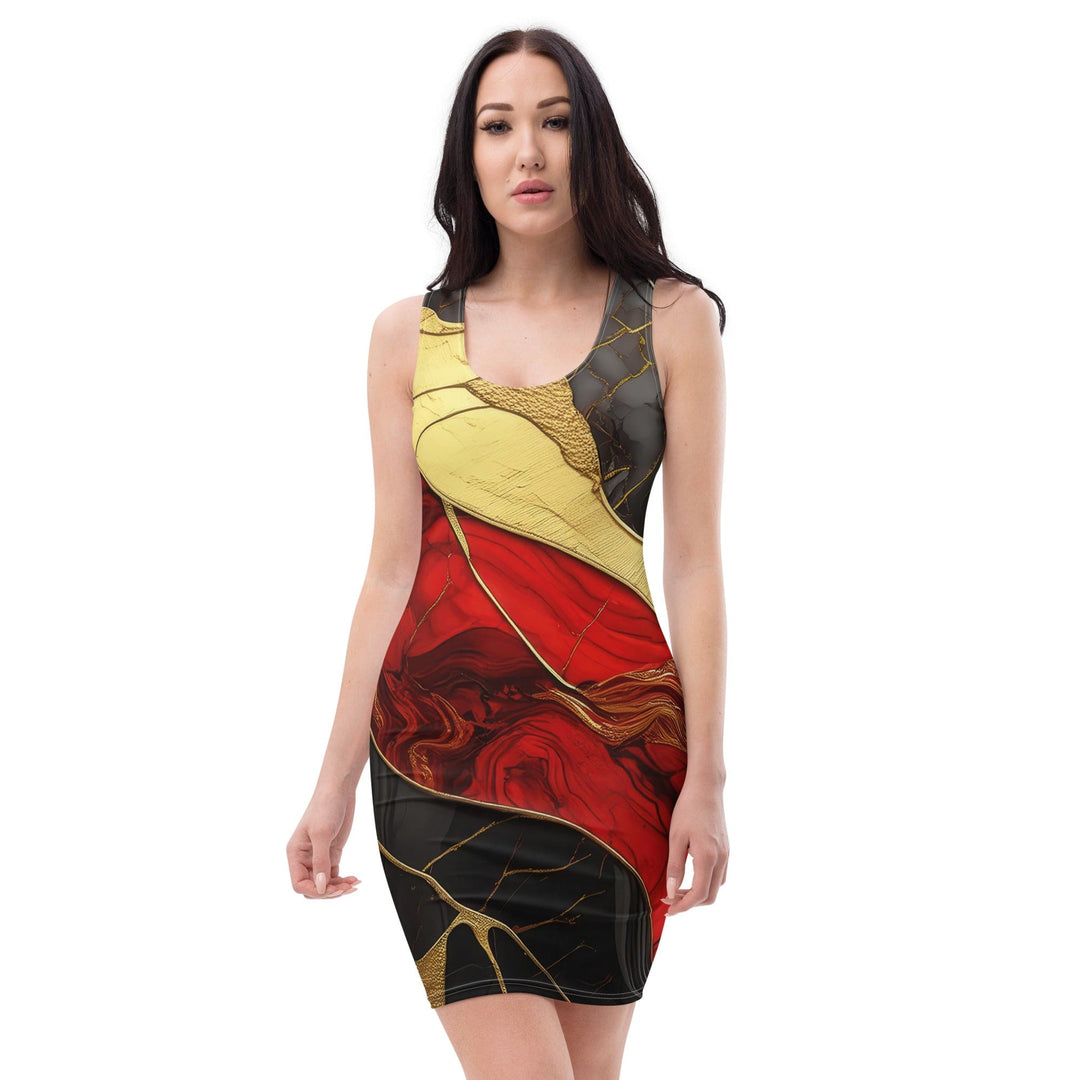 Womens Stretch Fit Bodycon Dress Brick Red Pattern Black And Gold