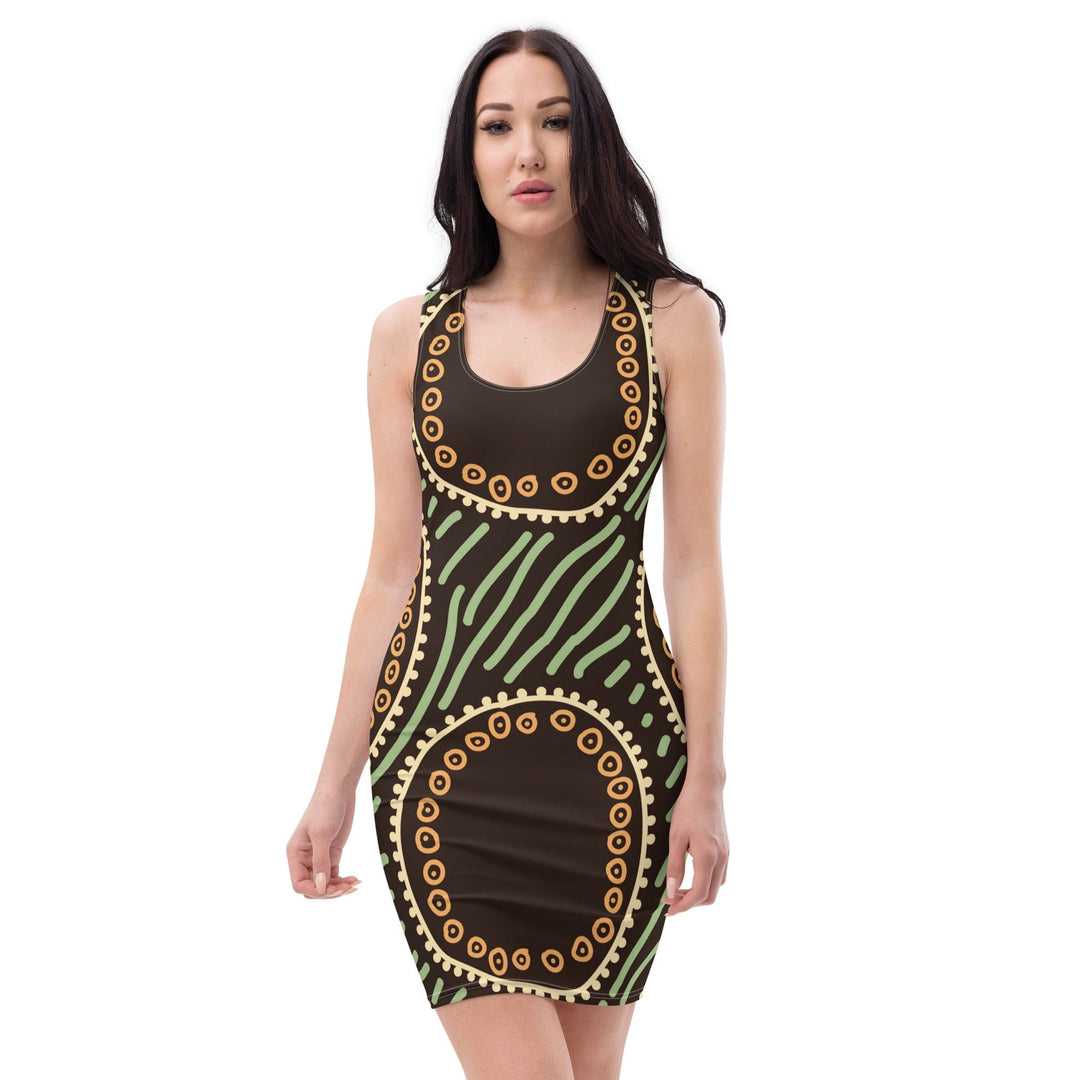 Womens Stretch Fit Bodycon Dress Brown Green Geometric Lines - Womens | Dresses