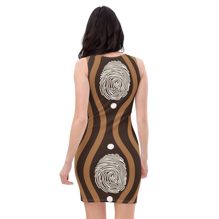 Womens Stretch Fit Bodycon Dress - Brown White Geometric Lines