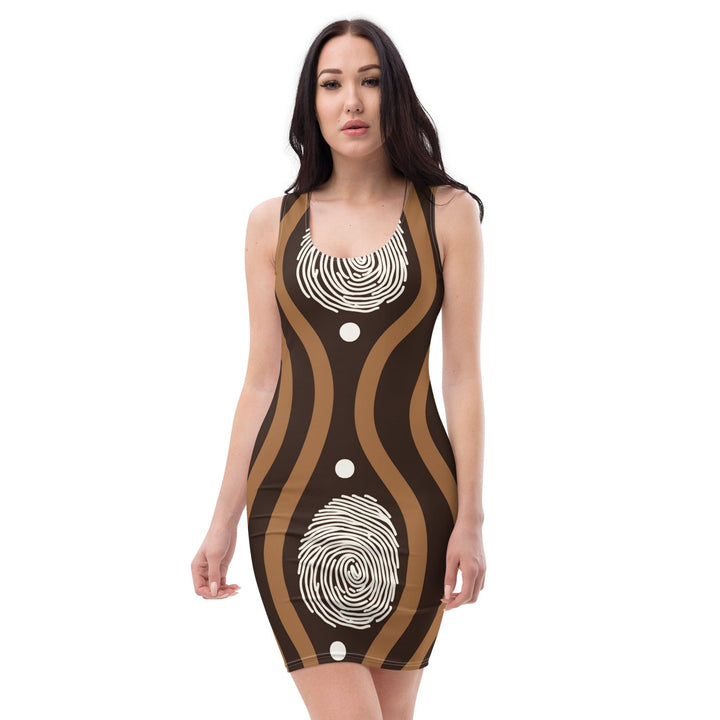 Womens Stretch Fit Bodycon Dress - Brown White Geometric Lines