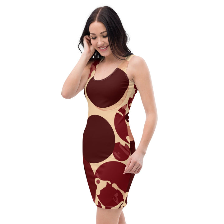 Womens Stretch Fit Bodycon Dress Burgundy And Beige Circular Spotted