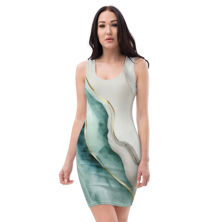 Womens Stretch Fit Bodycon Dress Cream White Green Marbled Print