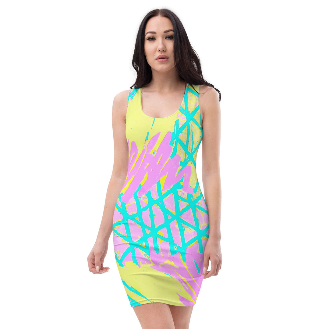 Womens Stretch Fit Bodycon Dress - Cyan Blue Lime Green and Pink XL Womens Stretch Fit Bodycon Dress - Cyan Blue Lime Green and Pink XL