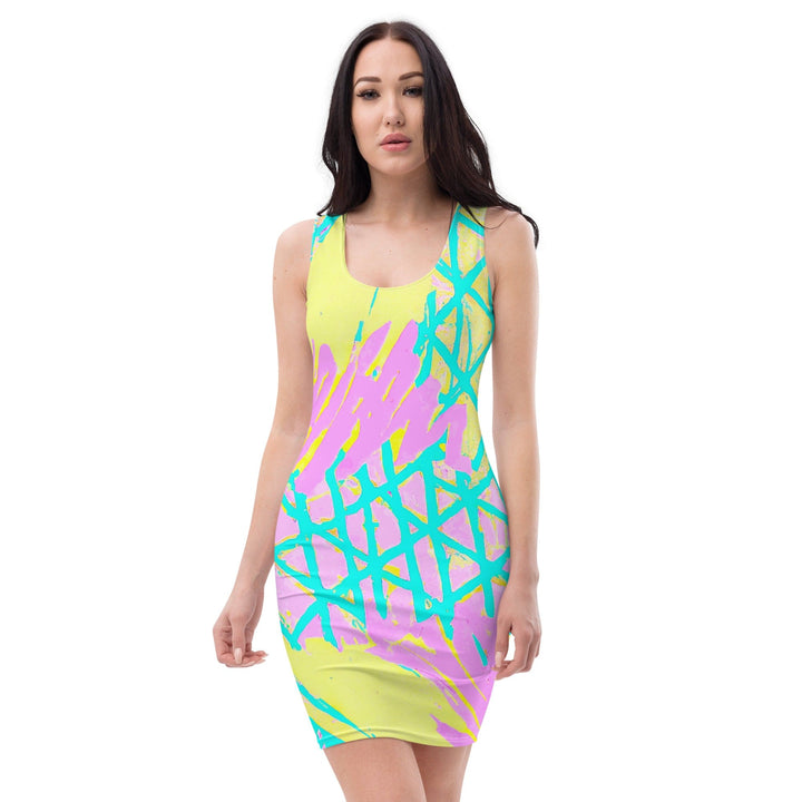 Womens Stretch Fit Bodycon Dress Cyan Blue Lime Green and Pink - Womens