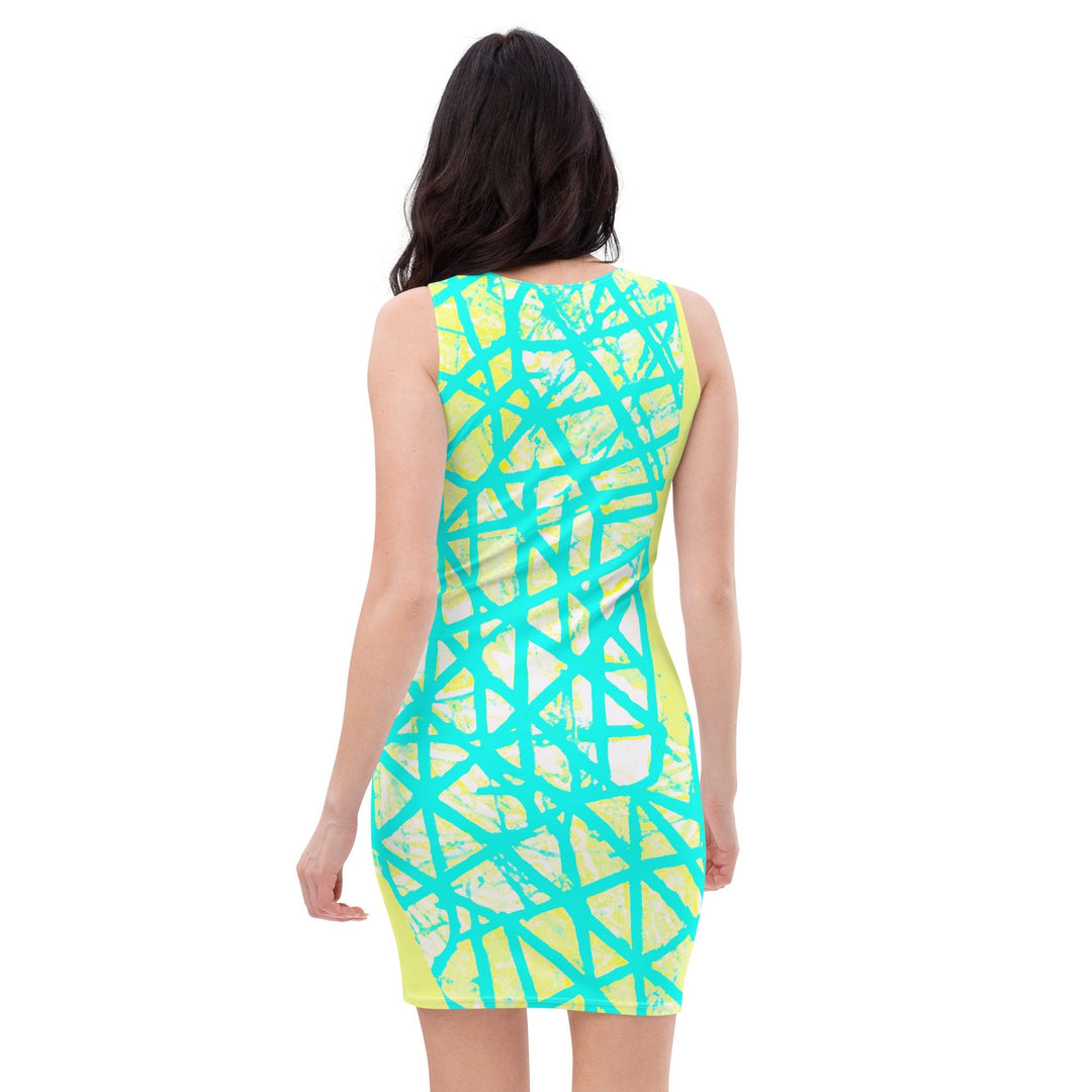 Womens Stretch Fit Bodycon Dress Cyan Blue Lime Green And White