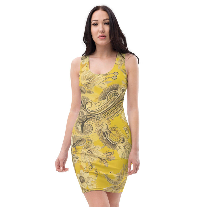 Womens Stretch Fit Bodycon Dress Floral Yellow Bandanna Print - Womens