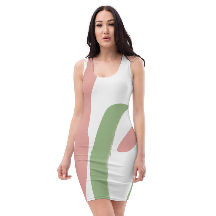 Womens Stretch Fit Bodycon Dress Green Mauve Abstract Brush Stroke - Womens