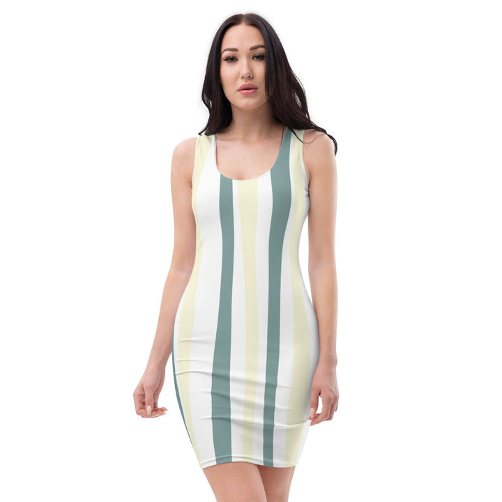 Womens Stretch Fit Bodycon Dress Green Yellow Geometric Lines - Womens