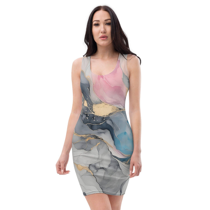 Womens Stretch Fit Bodycon Dress Marble Cloud Of Grey Pink Blue 63389