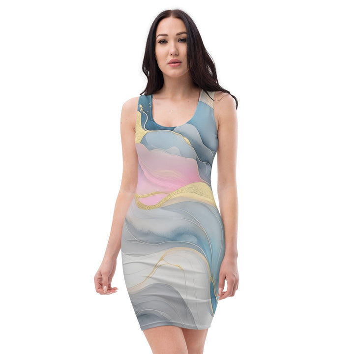 Womens Stretch Fit Bodycon Dress Marble Cloud of Grey Pink Blue 72067 - Womens