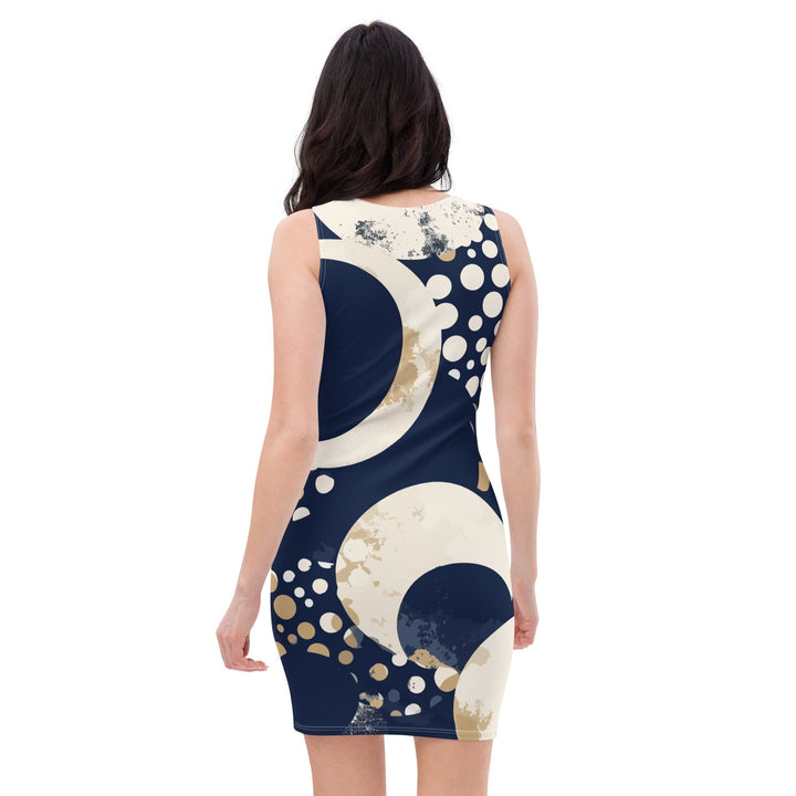 Womens Stretch Fit Bodycon Dress Navy Blue And Beige Spotted
