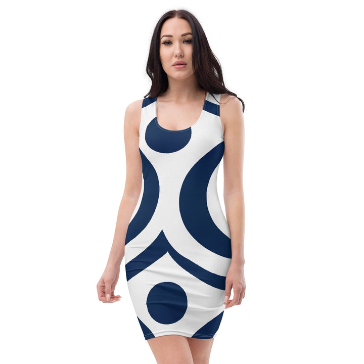 Womens Stretch Fit Bodycon Dress Navy Blue and White Circular Pattern - Womens