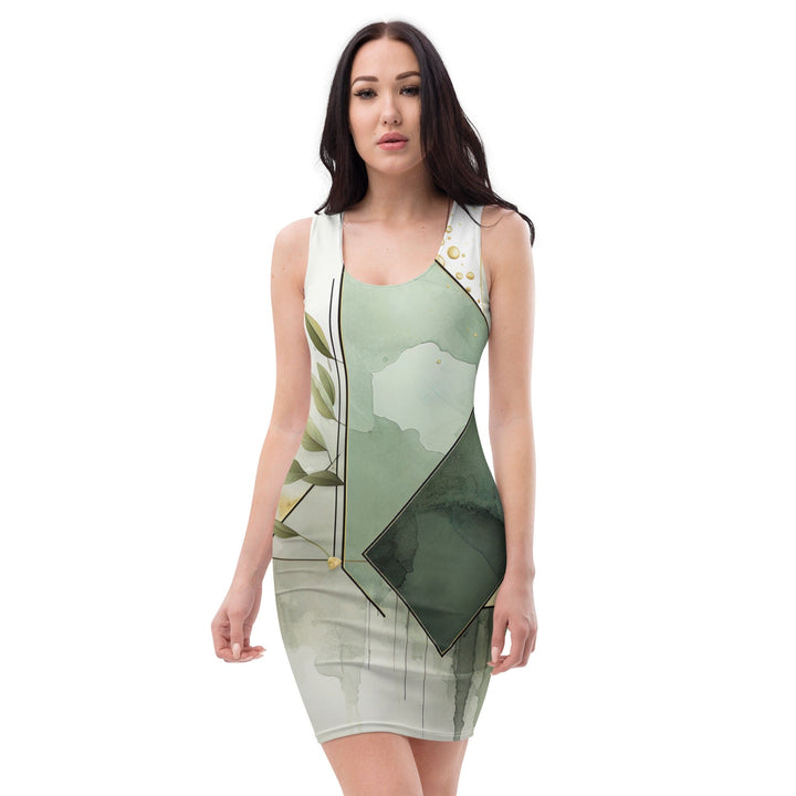 Womens Stretch Fit Bodycon Dress Olive Green Mint Leaf Geometric - Womens