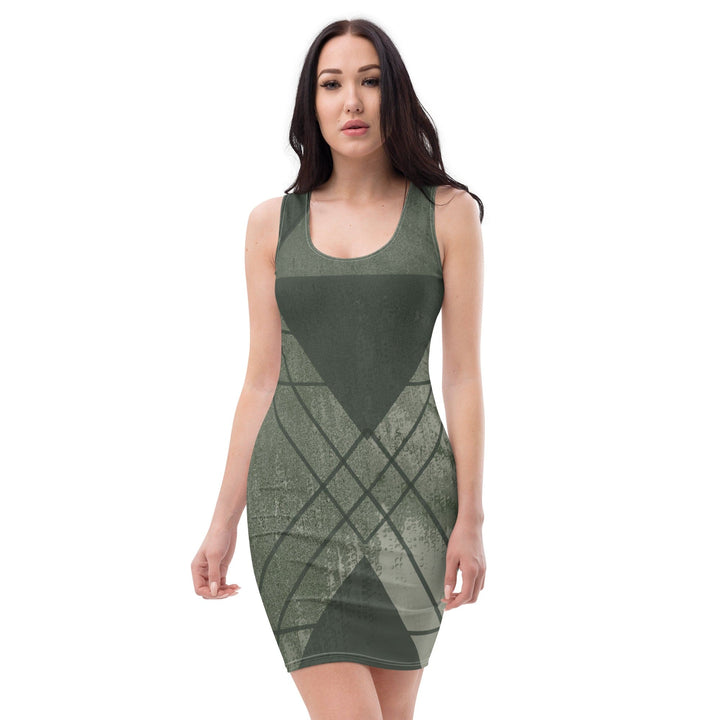 Womens Stretch Fit Bodycon Dress Olive Green Triangular Colorblock