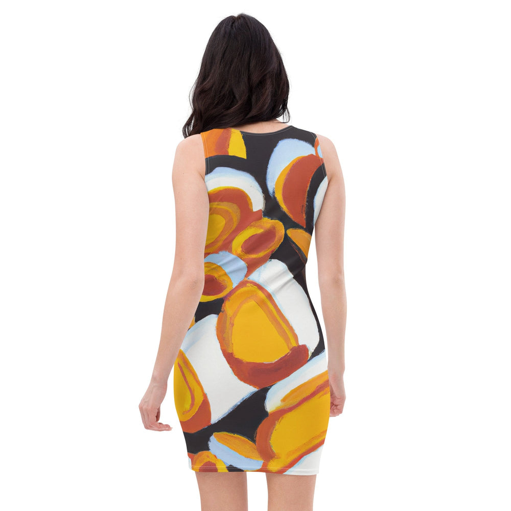 Womens Stretch Fit Bodycon Dress Orange Black White Geometric Print