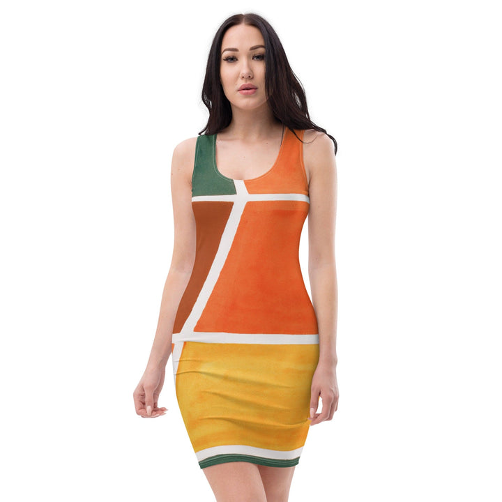 Womens Stretch Fit Bodycon Dress Orange Green Boho Pattern