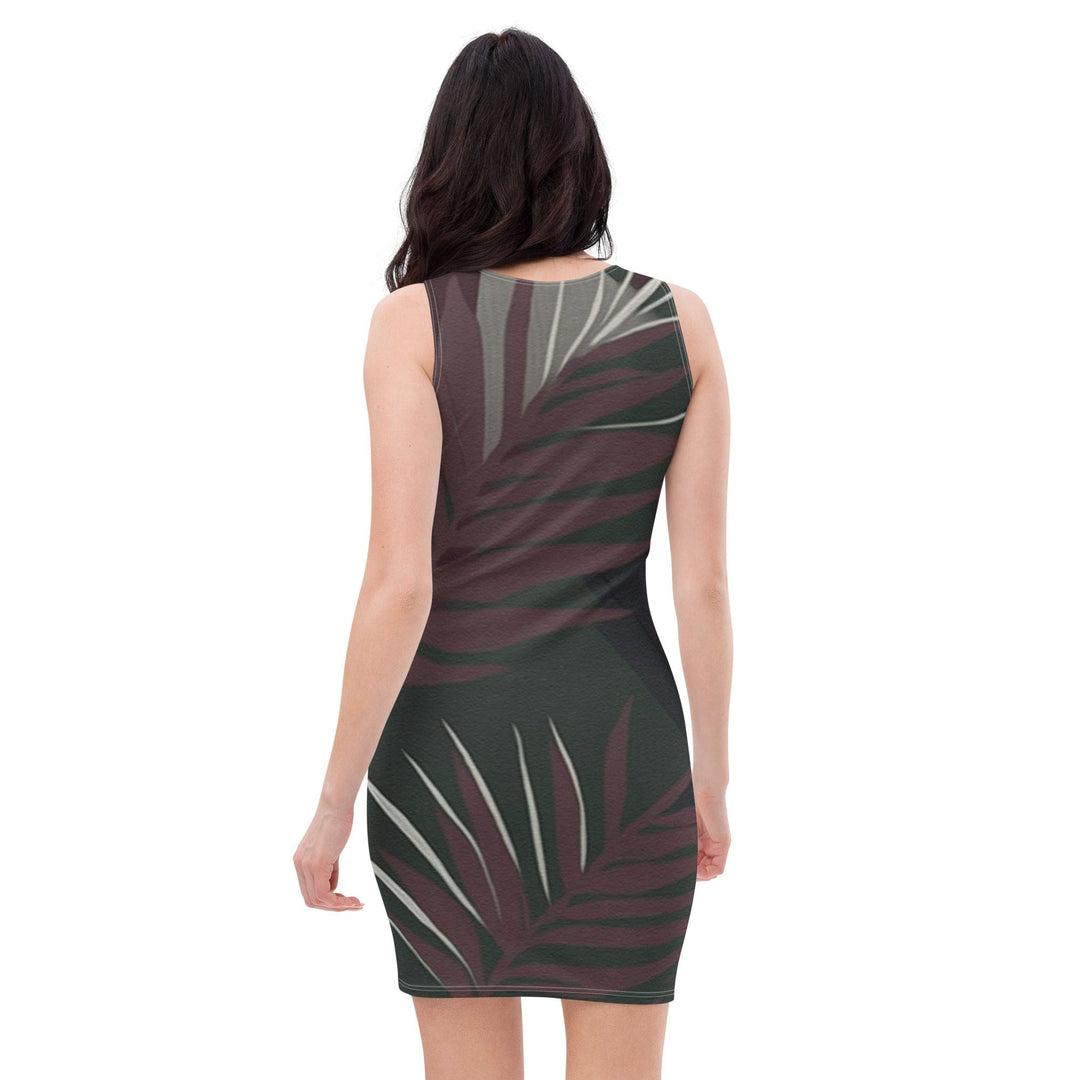 Womens Stretch Fit Bodycon Dress Palm Tree Leaves Maroon Green