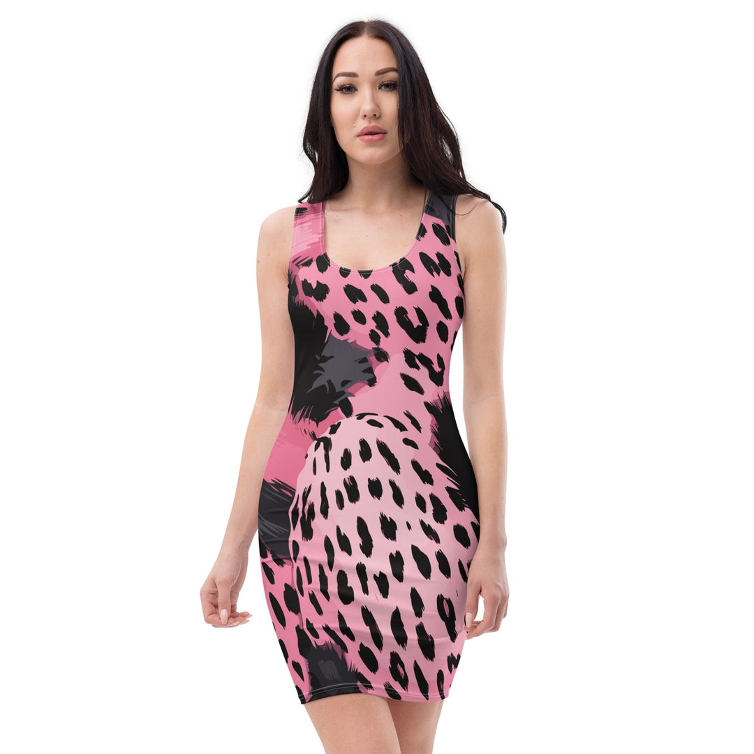 Womens Stretch Fit Bodycon Dress Pink And Black Spotted Illustration