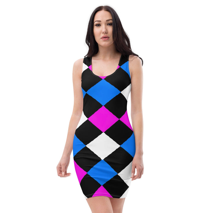 Womens Stretch Fit Bodycon Dress Pink Blue Checkered Pattern