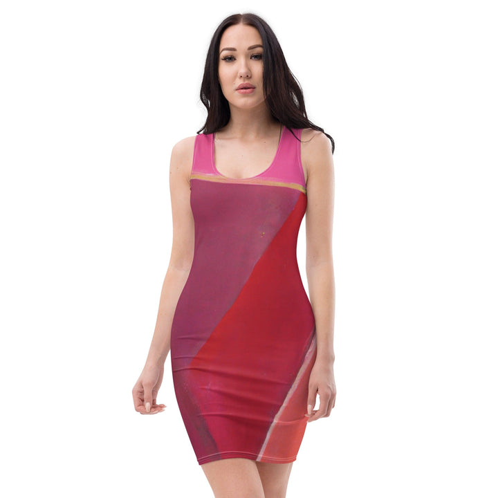 Womens Stretch Fit Bodycon Dress Pink Mauve Red Geometric Pattern - Womens