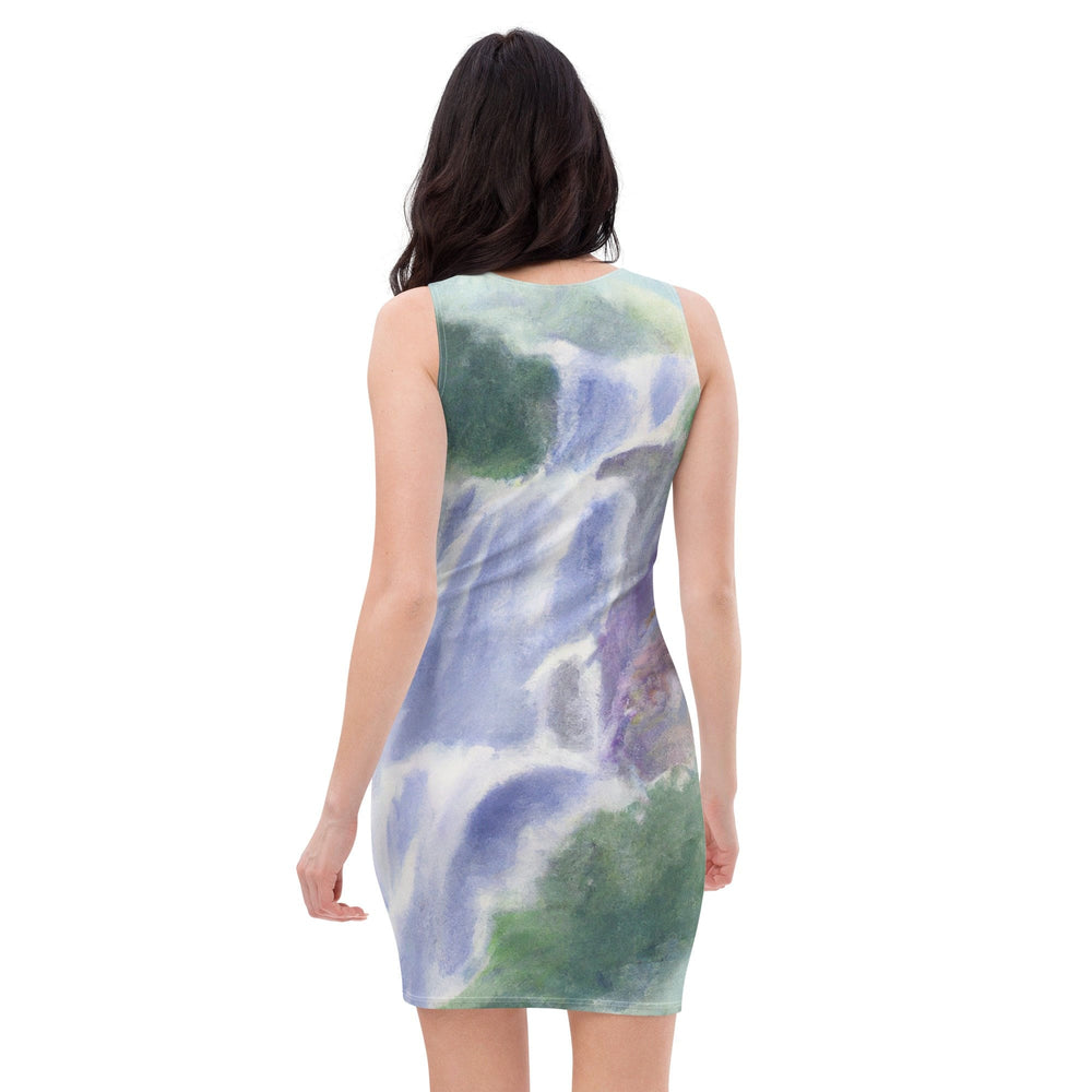 Womens Stretch Fit Bodycon Dress Purple Watercolor Waterfall Green - Womens