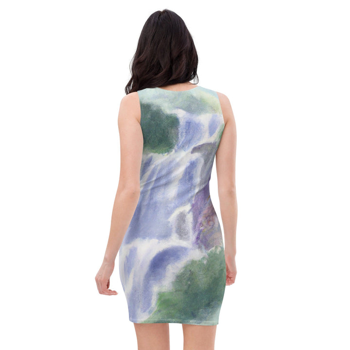 Womens Stretch Fit Bodycon Dress - Purple Watercolor Waterfall Green - Womens