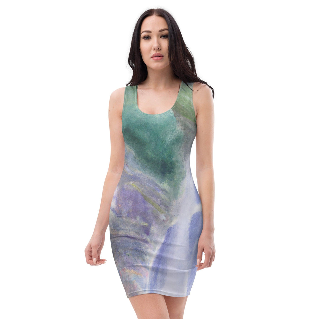 Womens Stretch Fit Bodycon Dress Purple Watercolor Waterfall Green - Womens